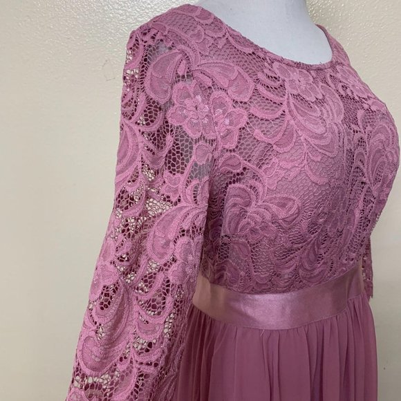 Ever-Pretty Lace Round Neck Long Sleeve Chiffon Lace MTB Gown Sz 10 Orchid - Picture 2 of 10